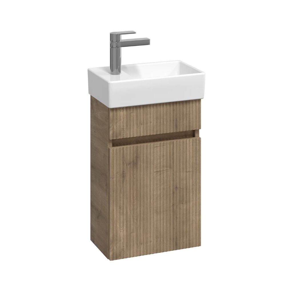 Product cut out image of the Abacus Concept Halifax Oak S1 Vanity Unit & Basin with a left-handed tap